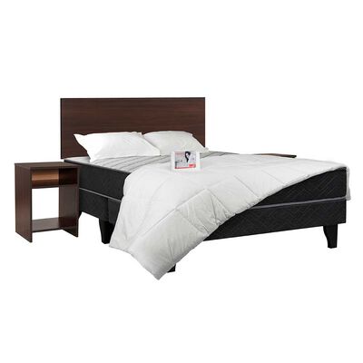 Cama Europea Celta Base Dividida 2 Plazas Atlantis Black + Respaldo + 2 Veladores Castilla + Set Textiles