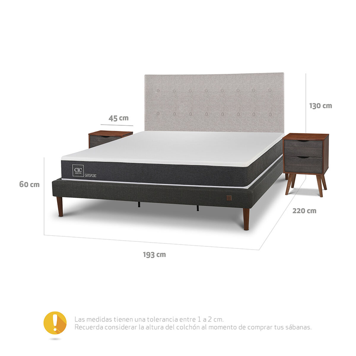 Cama Europea CIC King New Ortopedic + Respaldo Tigris + 2 Veladores