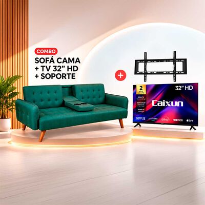 Combo Sofá Cama Casanova Renata 3 cuerpos Verde Piedra + Smart TV LED 32" Caixun HD Roku C32V1HR + Soporte TV Fijo Kioto KT-TF86 Negro