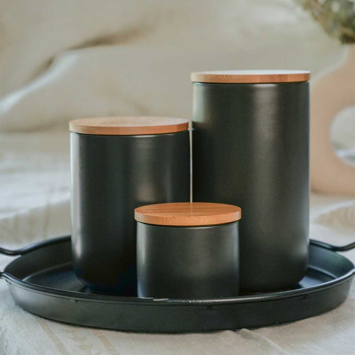 Pack 2 Contenedores de Alimento Simplit Cerámica Tapa Madera S Negro