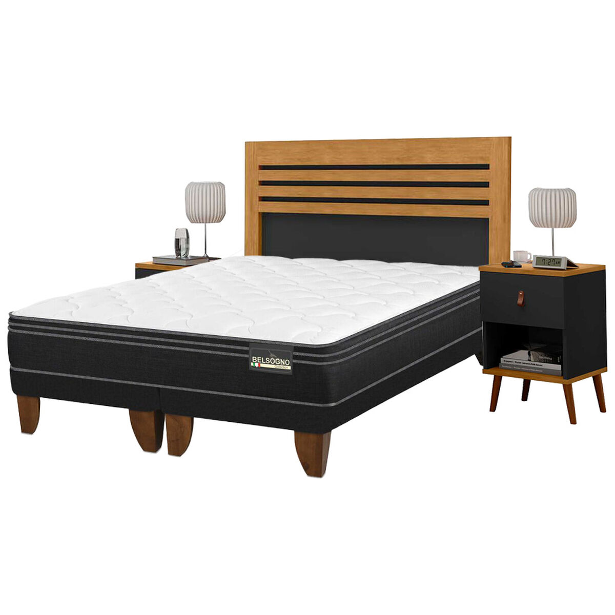 Combo Cama Europea Belsogno Base Dividida 2 Plazas Premium + Respaldo + 2 Veladores Casanova 2 Plazas Naturale Negro