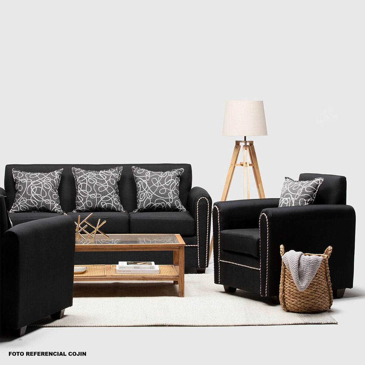 Juego de Living Almore Alemania Sof&aacute; 3 Cuerpos + Dos Sillones 1 Cuerpo Negro