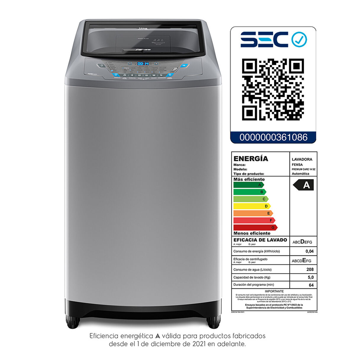 Lavadora Automática Fensa Premium Care 14 SZ 14 kg.