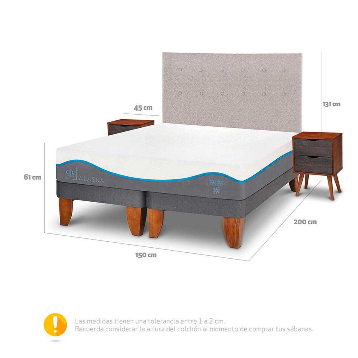 Cama Europea CIC Base Dividida 2 Plazas Alaska + Respaldo + 2 Veladores
