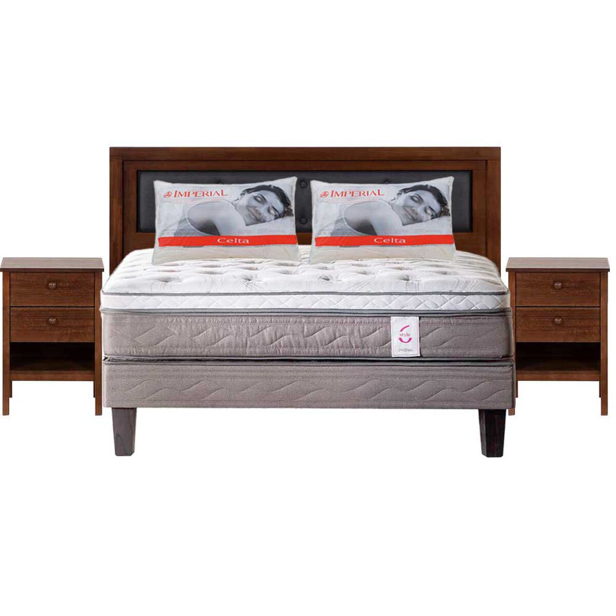 Combo Cama Europea Rosen 2 Plazas New Style 6 + Respaldo + 2 Veladores CIC Genova + Pack Almohadas Celta Imperial Soft