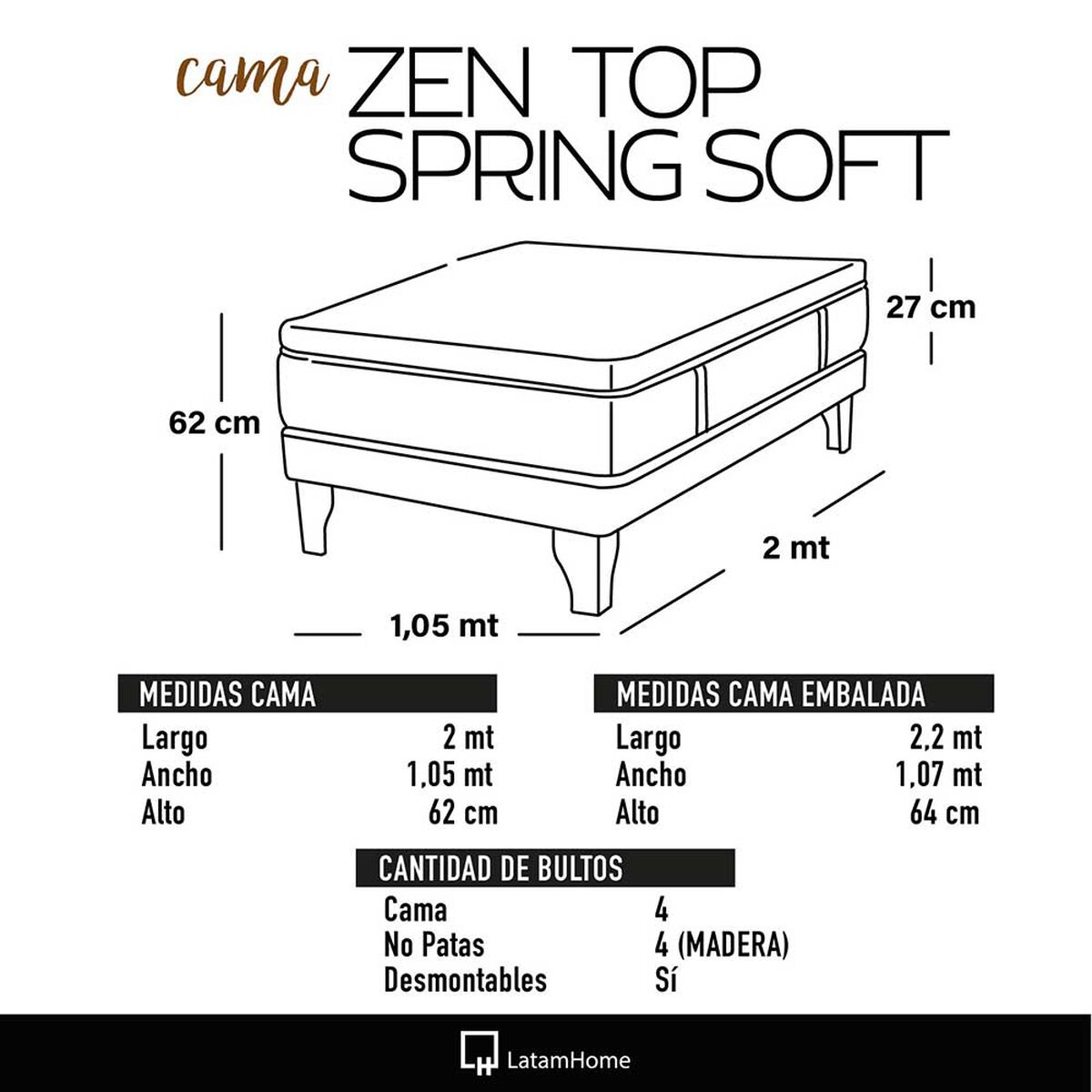 Cama Europea Latam Home 1,5 Plazas Zen Top Spring Soft Velvet Beige