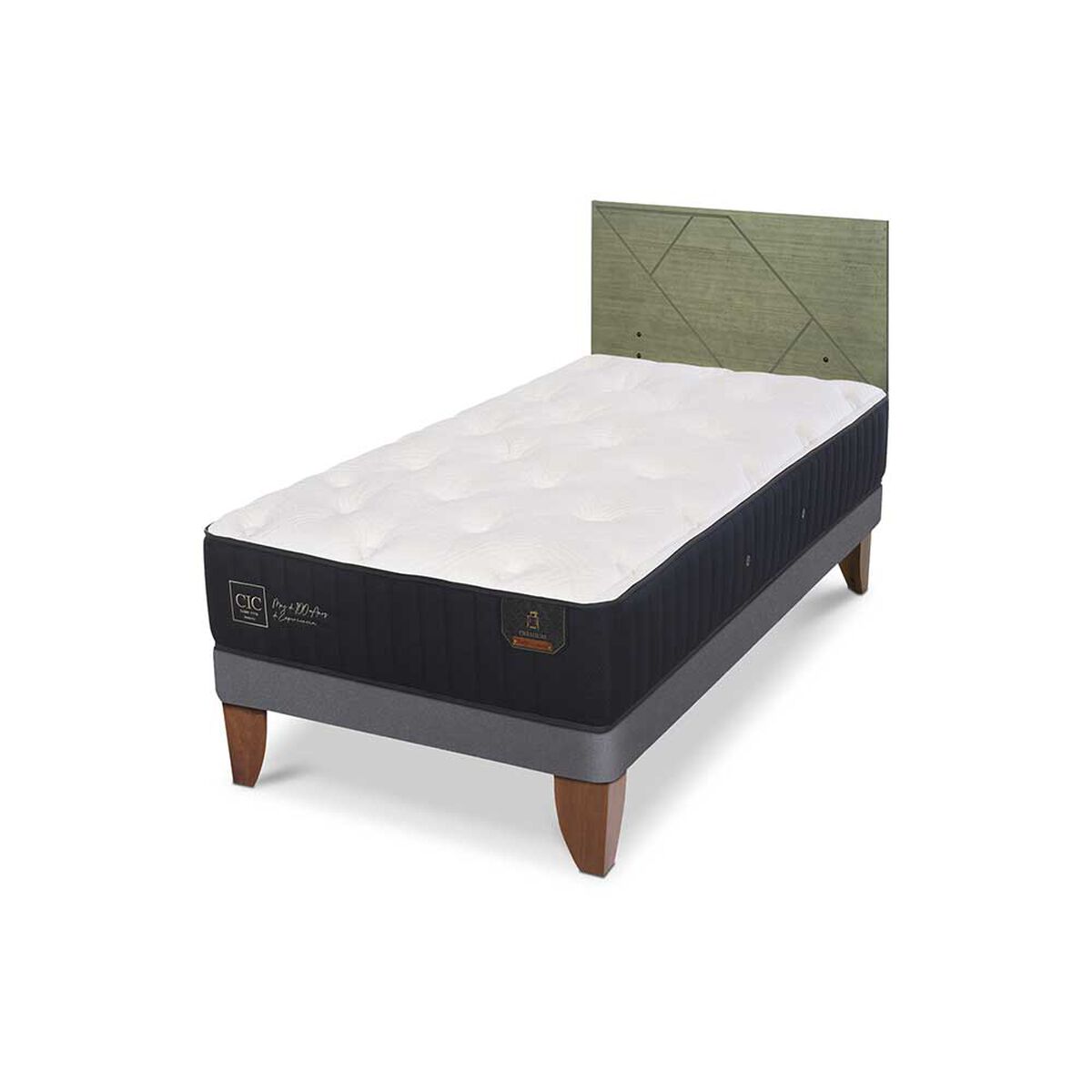 Cama Europea CIC 1,5 Plazas Premium + Respaldo Villarrica Olivo