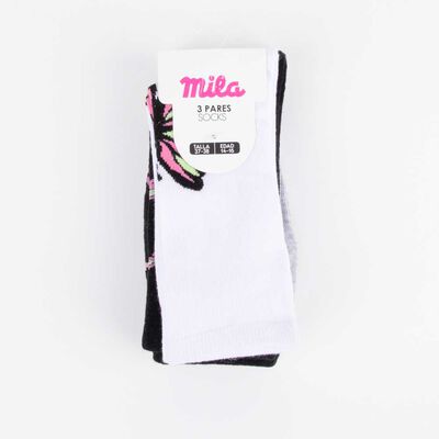 Imagen 1 del producto Pack 3 Calcetin Largo de Algodón Niña Mila Negro, Rosado