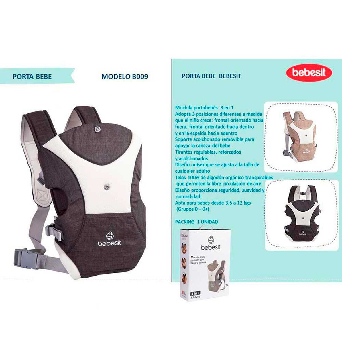 Porta Bebe 3 Posiciones en 1 Gris Bebesit