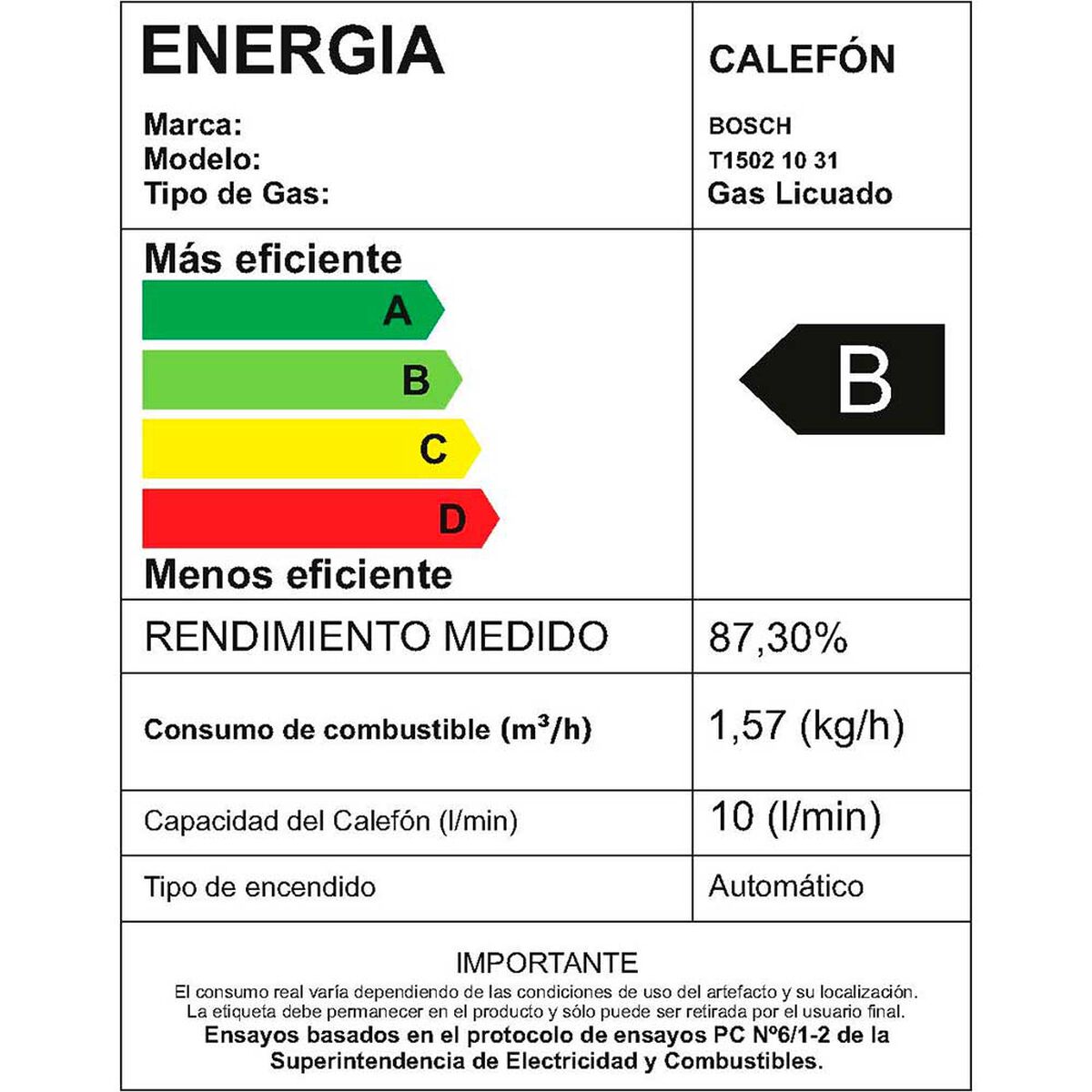 Calef&oacute;n 10 litros gas licuado tiro natural Junkers Bosch Therm 1500