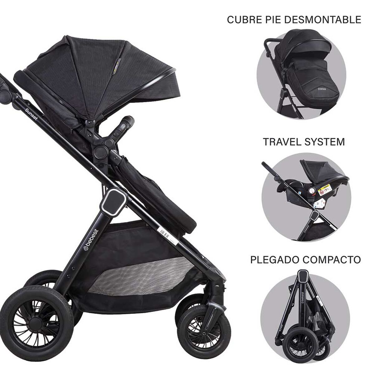 Coche Cuna Travel System Isofix Sunset Premium con Base Negro Bebesit