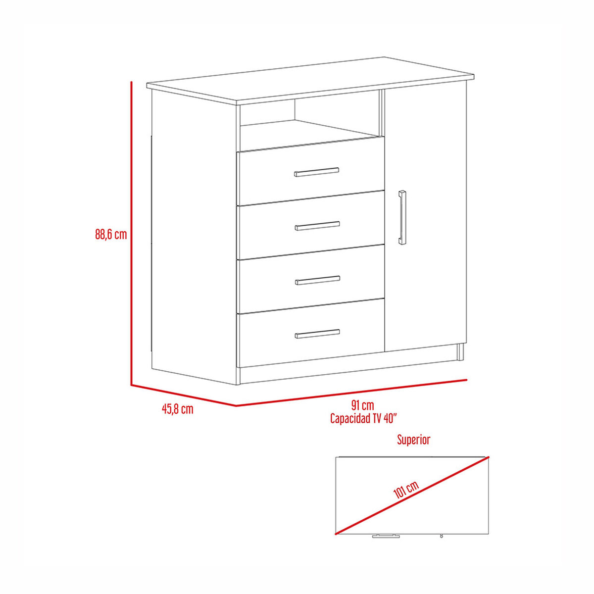 Mueble de Tocador + Espejo + Cómoda 4 Cajones 1 Puerta Perla