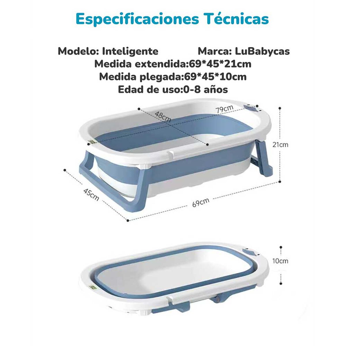 Bañera Plegable con Termómetro, Cojin y más Accesorios Azul