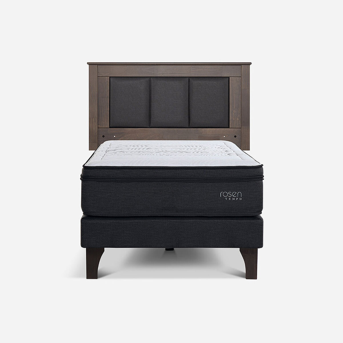 Cama Europea Rosen 1,5 Plazas Tempo + Respaldo + Velador Rachel Gris