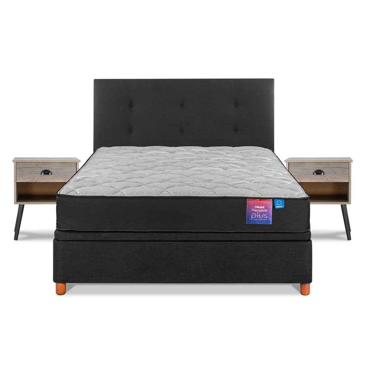 Cama Baúl Flex 2 Plazas Therapedic Plus  + Respaldo Royal + 2 Veladores Rock