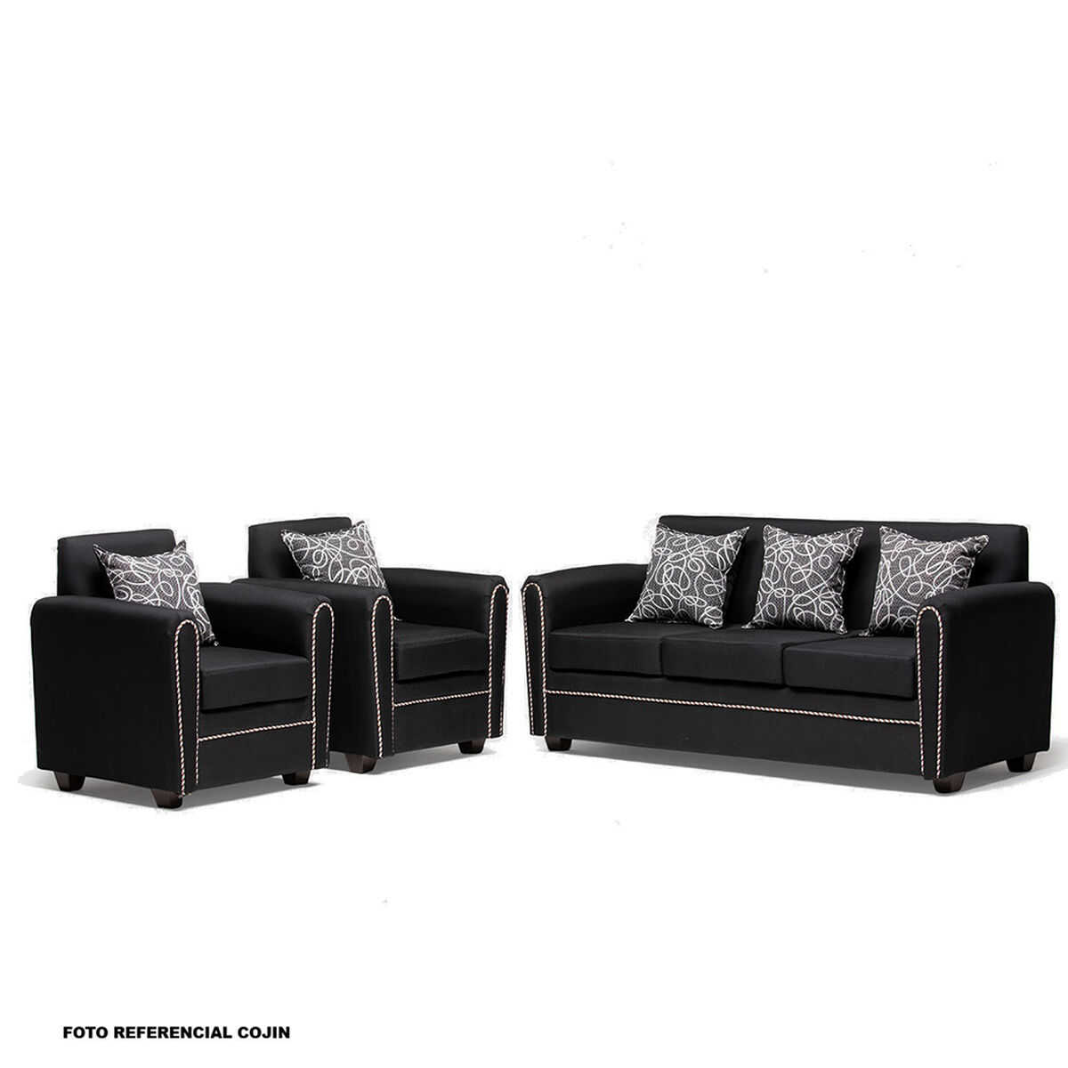 Juego de Living Almore Alemania Sof&aacute; 3 Cuerpos + Dos Sillones 1 Cuerpo Negro