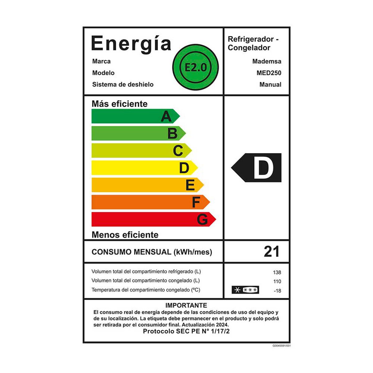 Refrigerador Mademsa MED250 Bottom Freezer 248 lts.
