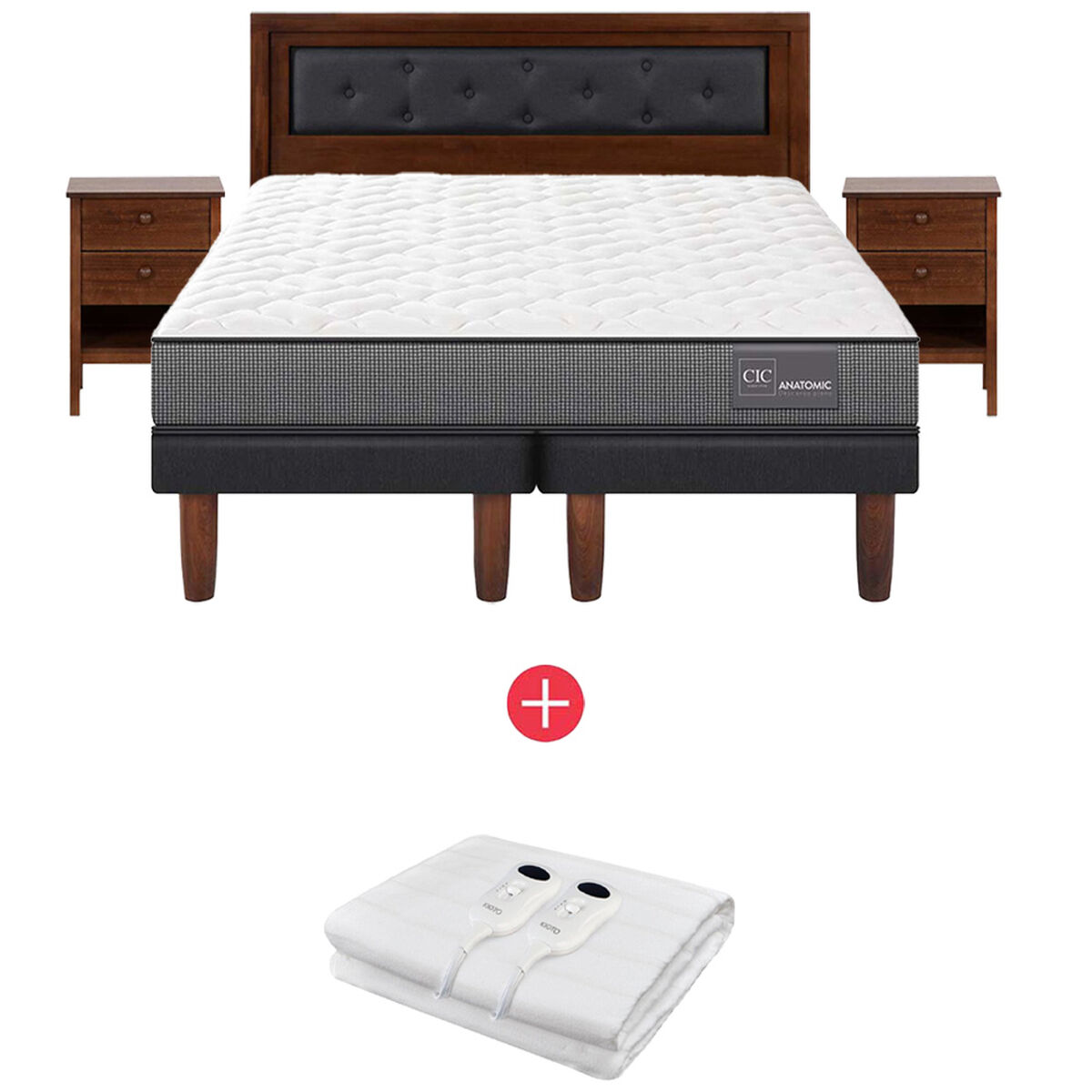 Combo Cama Europea CIC Base Dividida 2 Plazas Anatomic + Respaldo + 2 Veladores Casanova 2 Plazas Genova + Calientacama Análogo Kioto CC2 2 Plazas