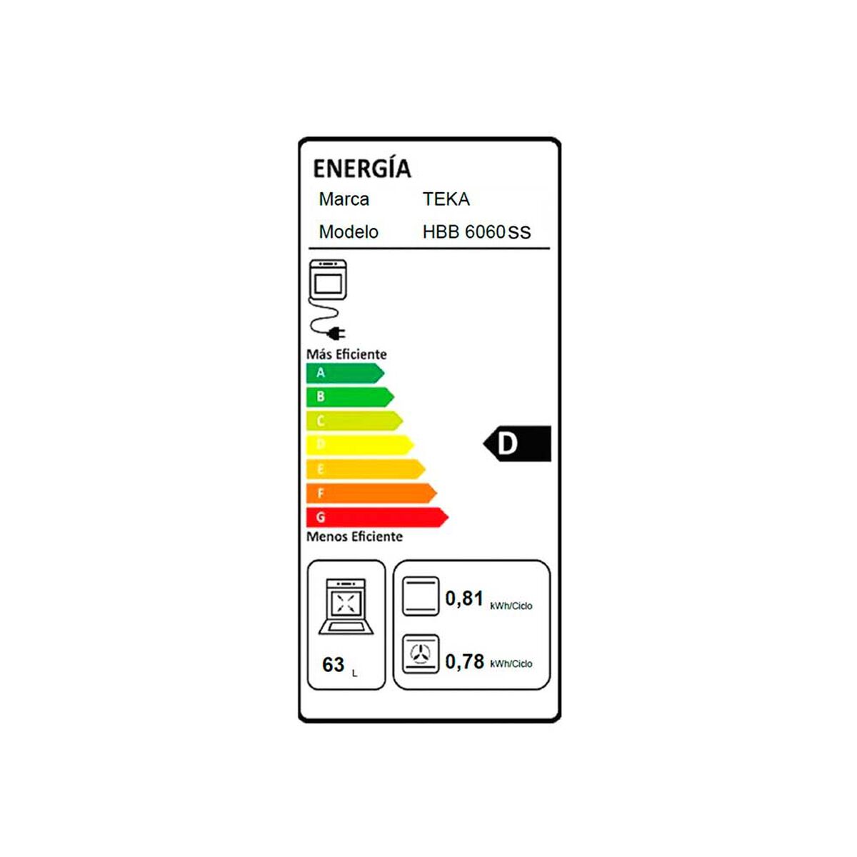 Horno Empotrado Teka HBB 6060 SS Bruta:72 lt; Neta:63 lt Frente Acero Inox + Cristal Negro