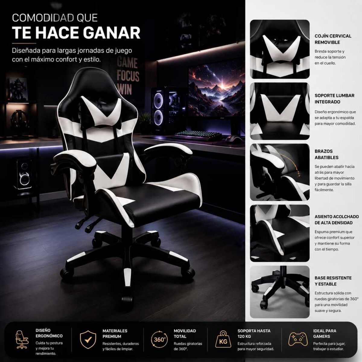 Silla Gamer Arthome Tokio Negra Blanca