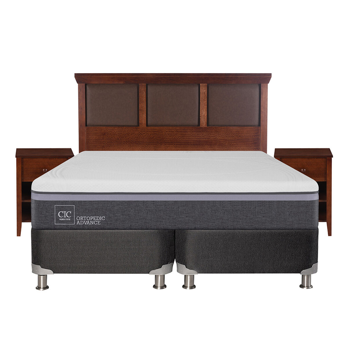 Box Spring CIC Base Dividida 2 Plazas Ortopedic Advance + Respaldo + 2 Veladores New Torino