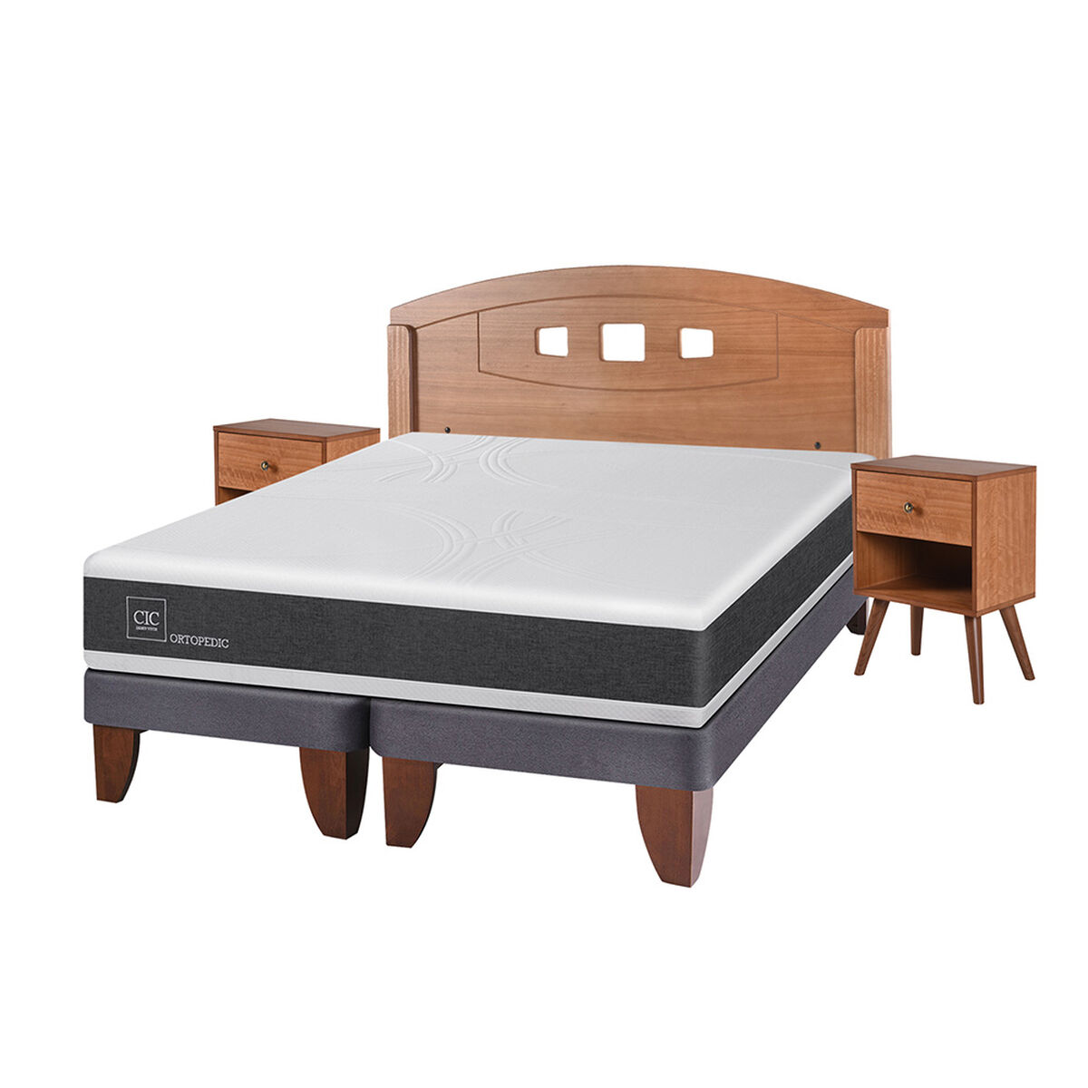 Cama Europea CIC Base Dividida 2 Plazas Ortopedic + Respaldo + 2 Veladores New Gales
