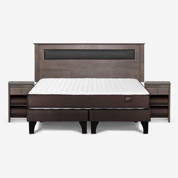 Cama Europea Rosen Base Dividida King New Ergo T + Respaldo Ferrera Gris + 2 Veladores