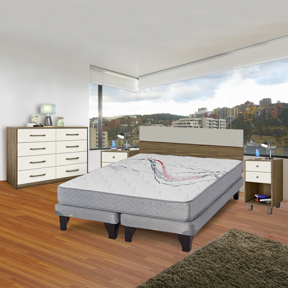 Combo Cama Europea Flex Base Dividida 2 Plazas Threrapedic Más Gris + Set Maderas Combinare Nogal + Cómoda Combinare Nogal 8 Cajones