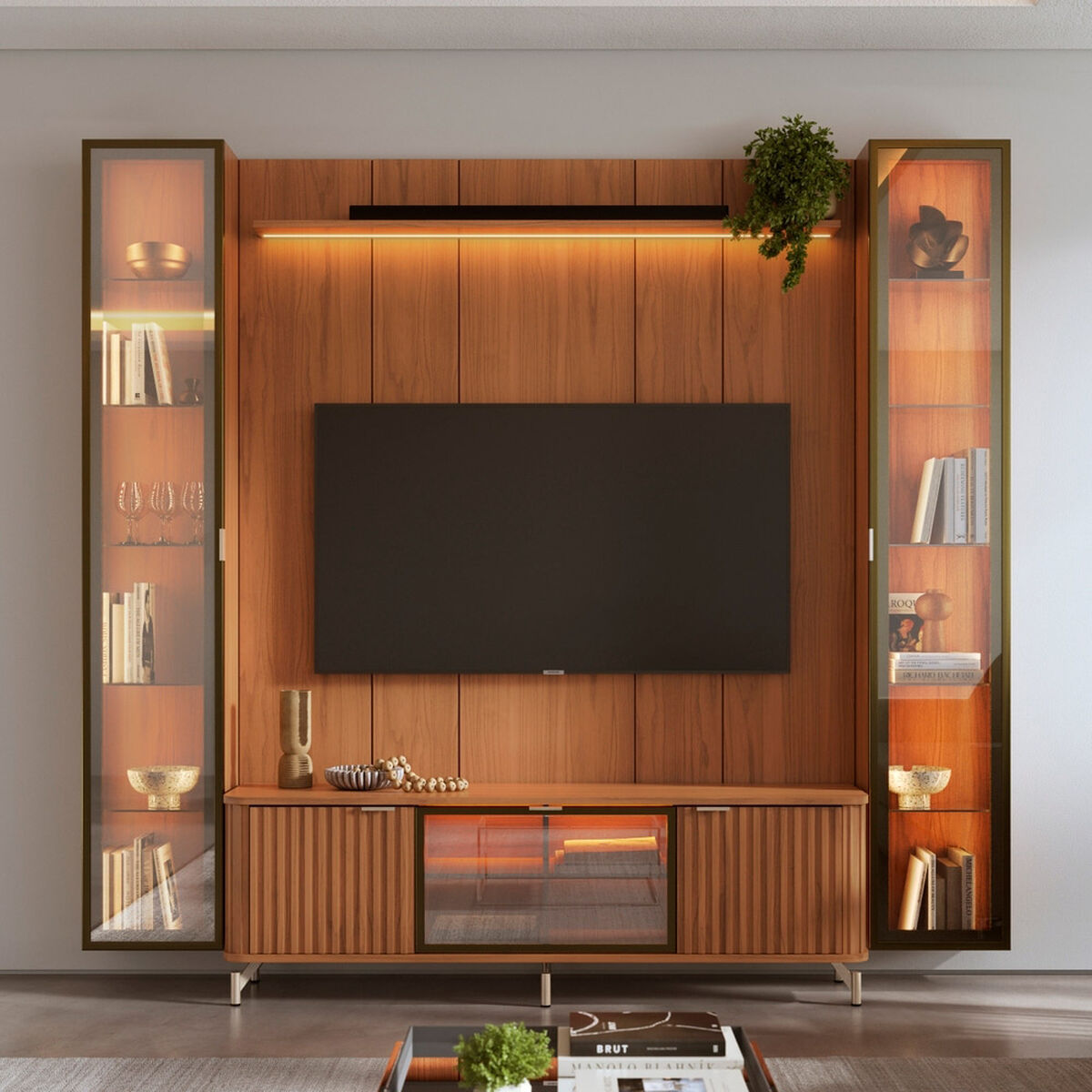 Rack TV 70" Lincon + Panel Neon + 2 Vitrinas Decocasa Canela