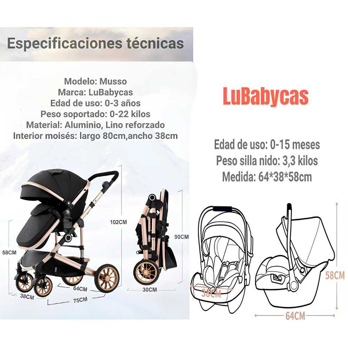 Coche Cuna con Silla Nido y Accesorios LuBabycas Café