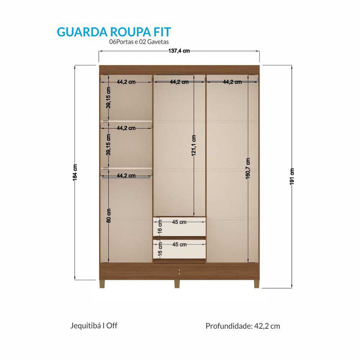 Clóset Casanova Fit 6 Puertas 2 Cajones Jequitiba Blanco