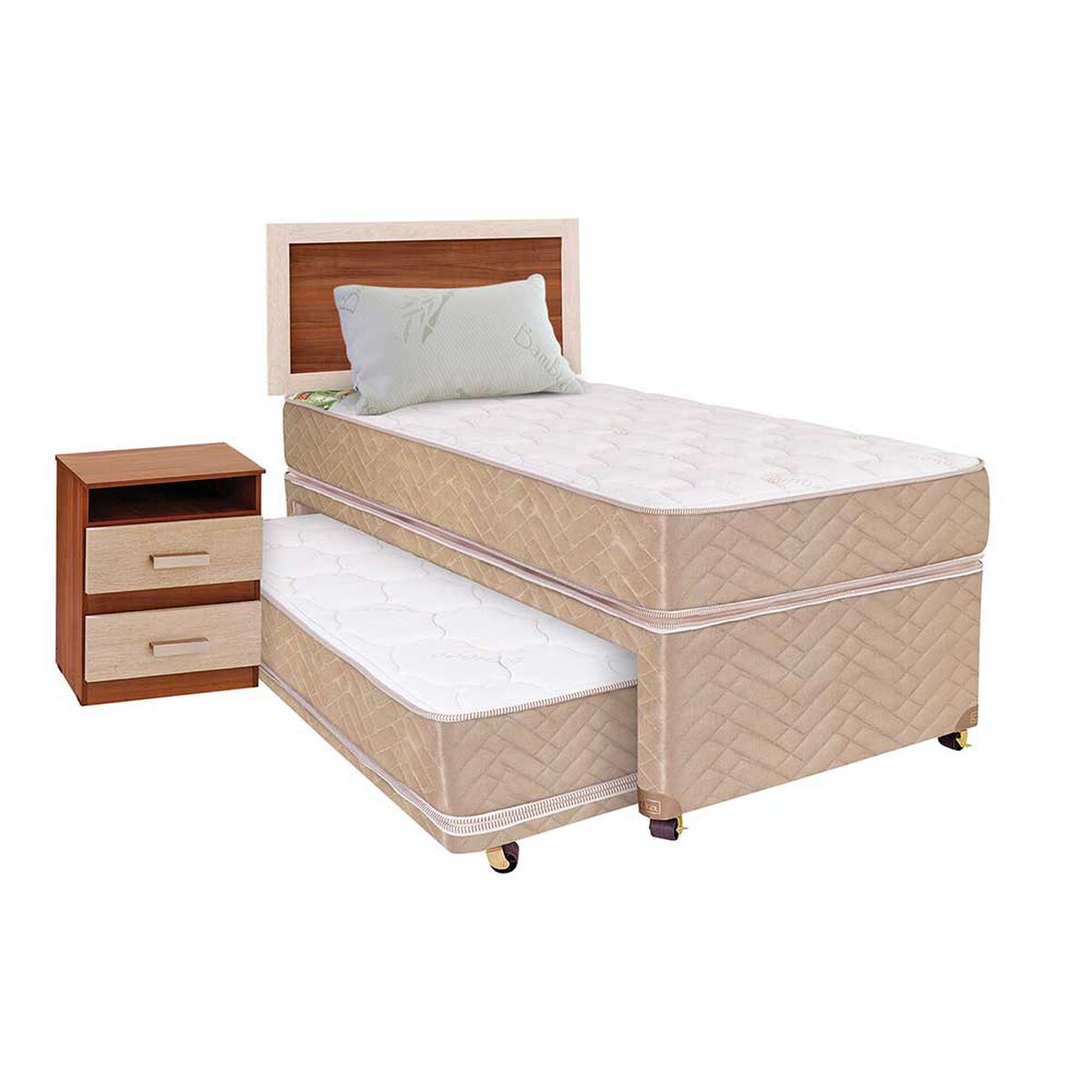 Cama Nido Celta 1,5 Plazas Bamboo + Respaldo + Velador Alicante + Almohada Bamboo Classic