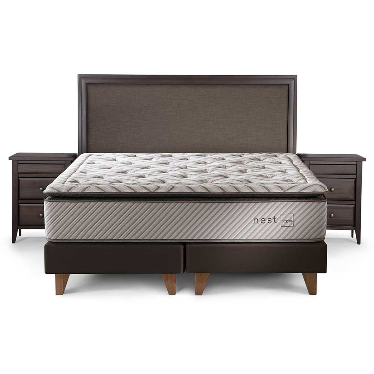Cama Europea Rosen Base Dividida 2 Plazas Nest + Respaldo + 2 Veladores Nolita