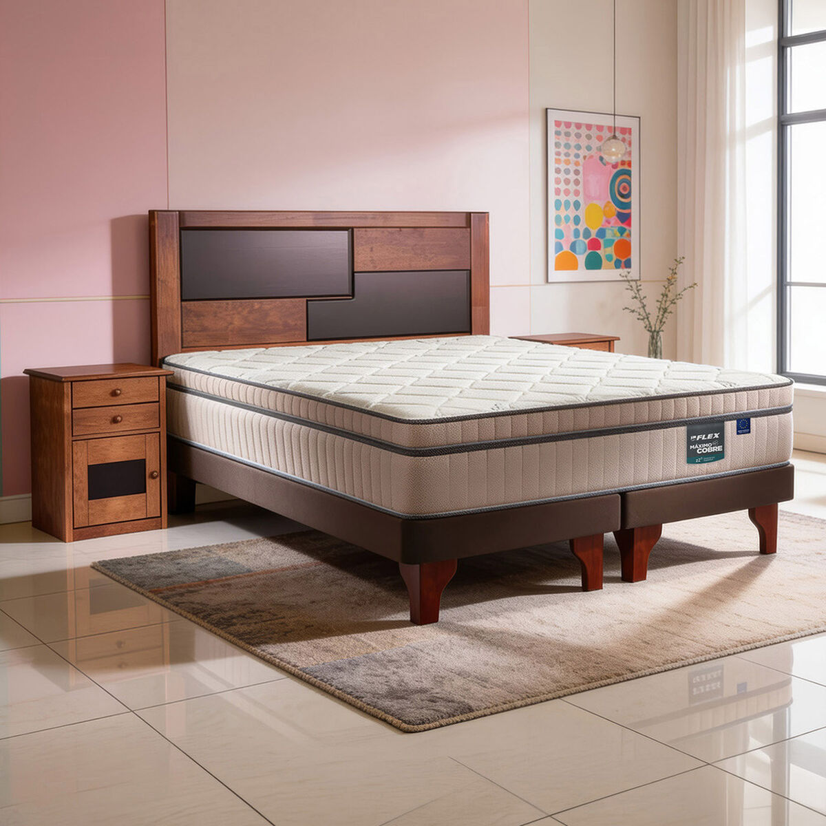 Cama Europea Flex Base Dividida 2 Plazas M&aacute;ximo Cobre  + Respaldo + 2 Veladores Colonia