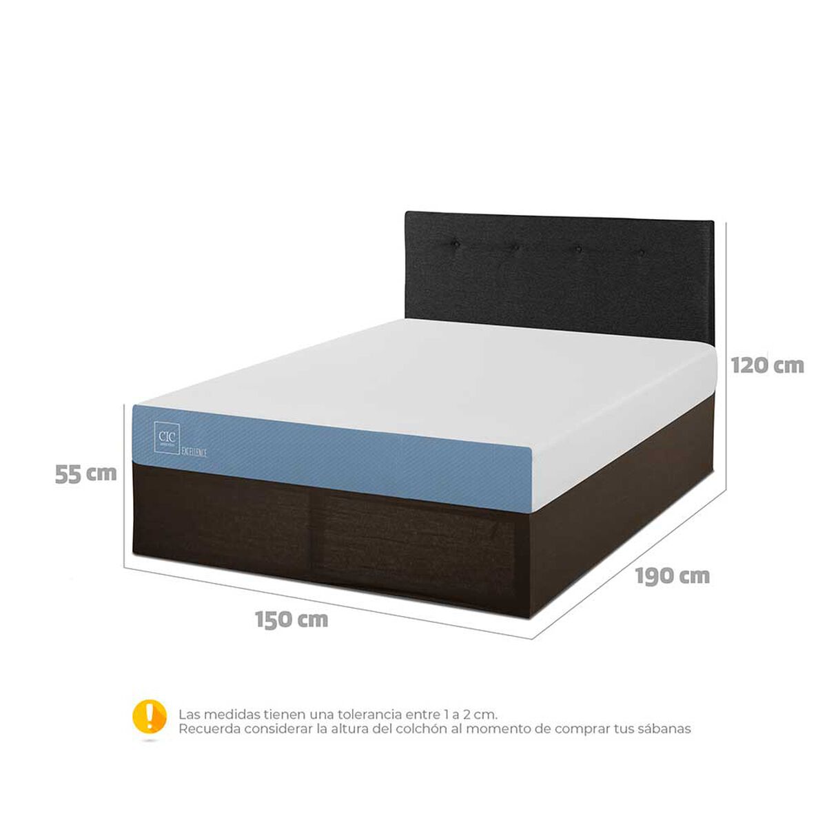 Cama Europea CIC Iron Smart 2 Plazas Excellence + Respaldo Black Tapizado + Fald&oacute;n