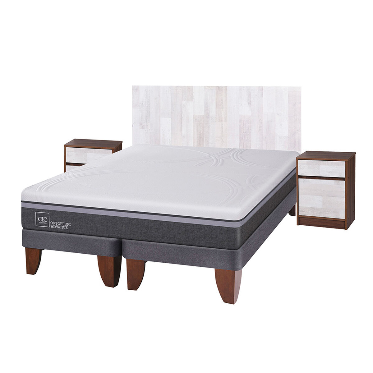 Cama Europea CIC Base Dividida King Ortopedic Advance + Respaldo + 2 Veladores