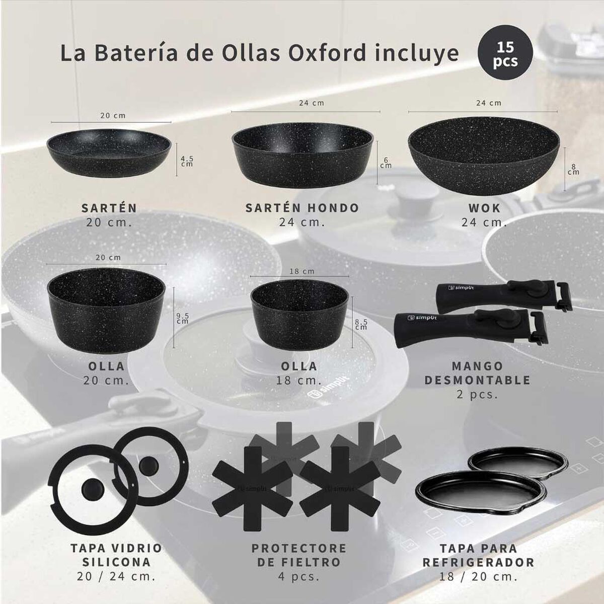 Bater&iacute;a de Cocina Granito Simplit Oxford 15 Piezas + 12 Utensilios Negro