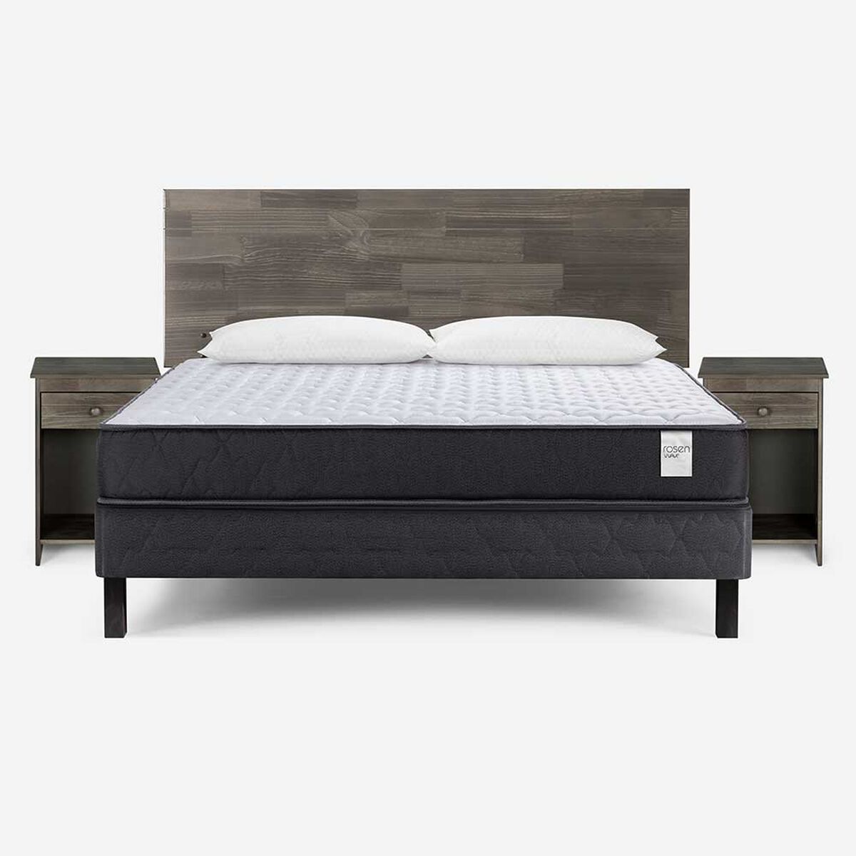Cama Europea Rosen 2 Plazas Wave + Respaldo + 2 Veladores Tabor Grafito + 2 Almohadas Light Americana