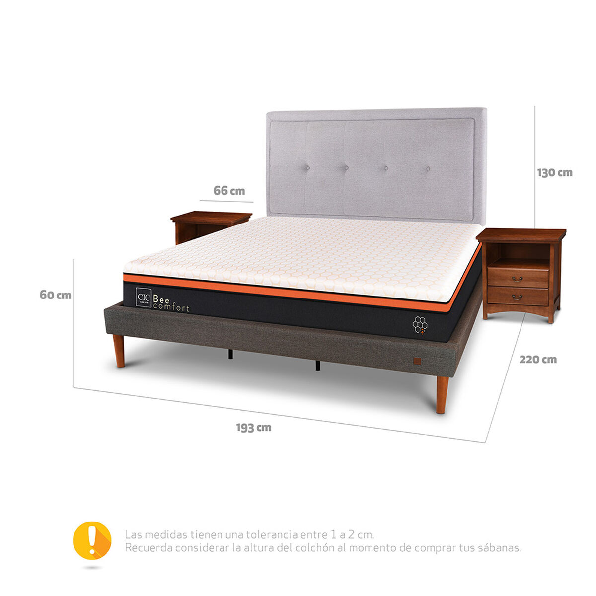Cama Europea Curve CIC King Bee Comfort + Respaldo + 2 Veladores