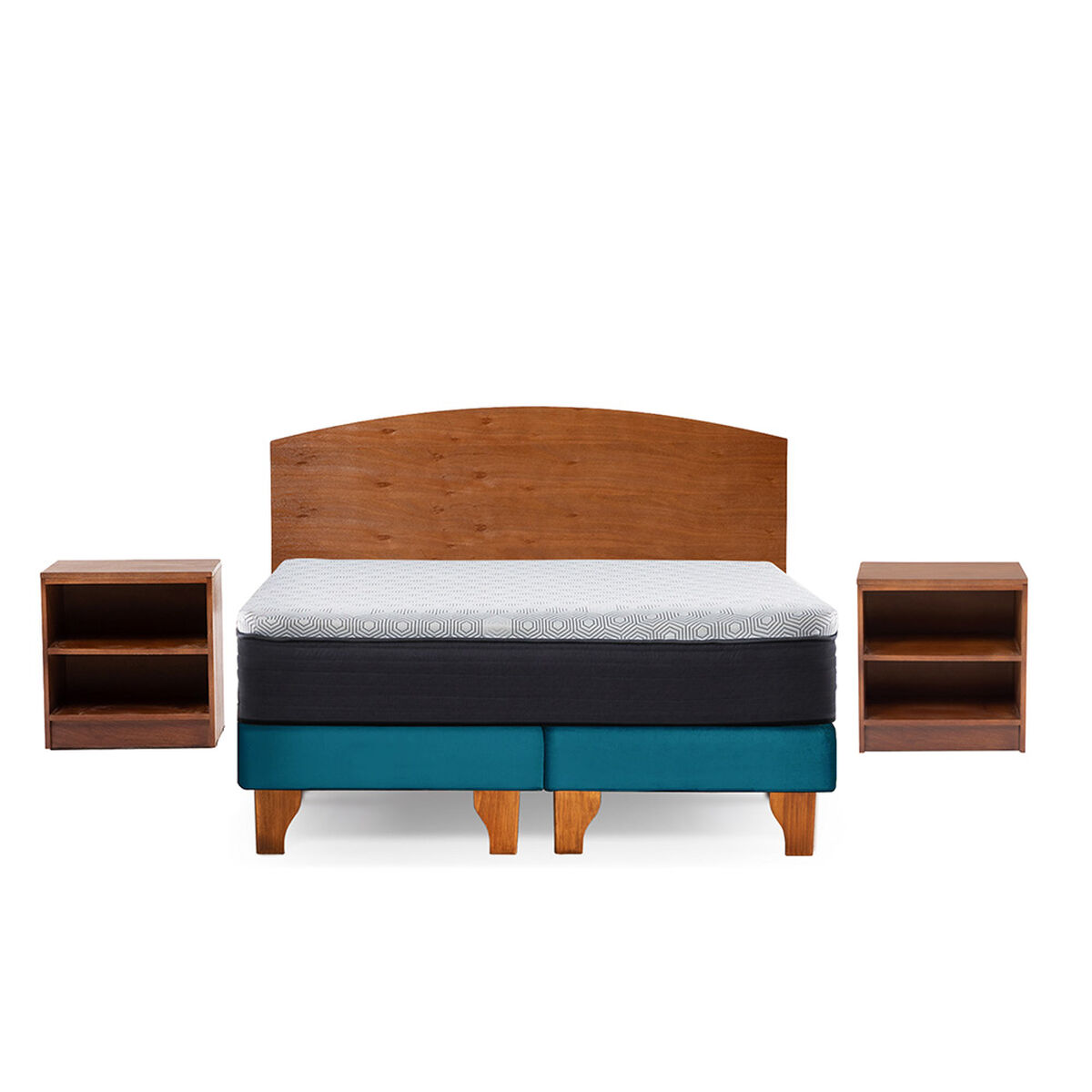 Cama Europea Latam Home 2 Plazas New Top Tela Velvet Azul Petroleo + Maderas Atlas