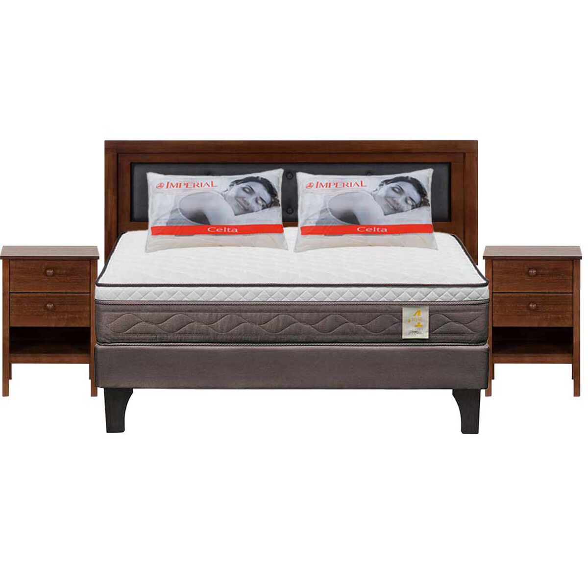 Combo Cama Europea Rosen 2 Plazas New Style 4 Plus + Respaldo + 2 Veladores CIC Genova + Pack Almohadas Celta Imperial Soft