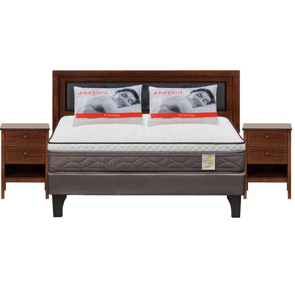 Combo Cama Europea Rosen 2 Plazas New Style 4 Plus + Respaldo + 2 Veladores CIC Genova + Pack Almohadas Celta Imperial Soft