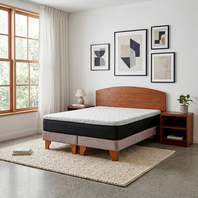 Cama Europea Latam Home 2 Plazas New Top Tela Velvet Gris + Maderas Atlas