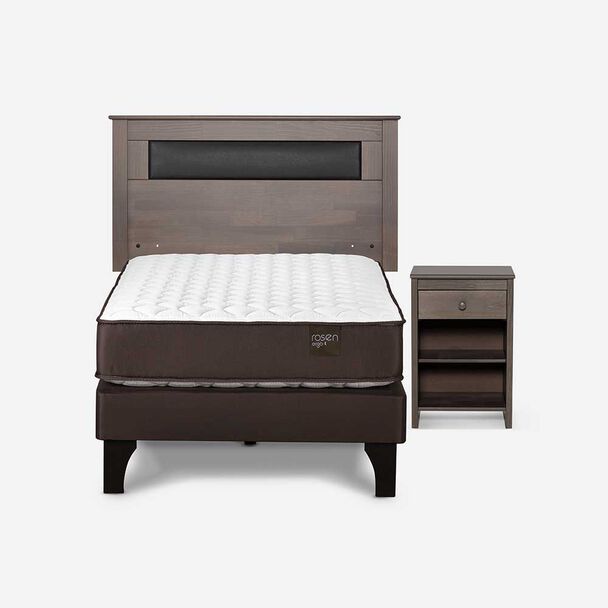 Cama Europea Rosen 1,5 Plazas New Ergo T + Respaldo Ferrera Gris + Velador