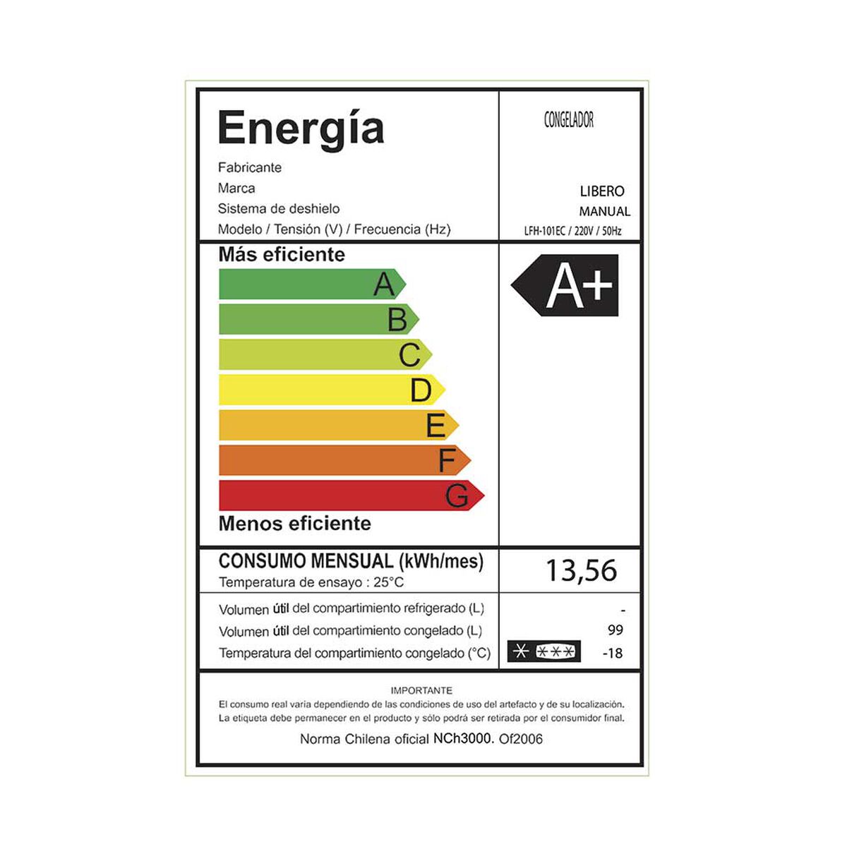 Freezer Horizontal Frío Directo Libero LFH-101EC 99 lts. Blanco