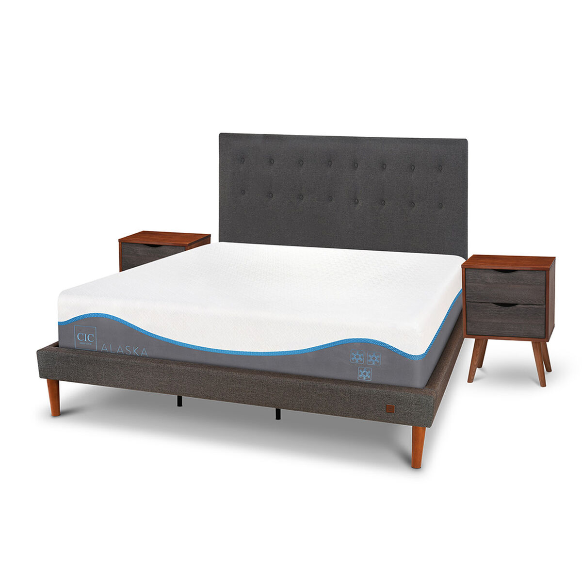 Cama Europea CIC King Alaska + Respaldo + 2 Veladores