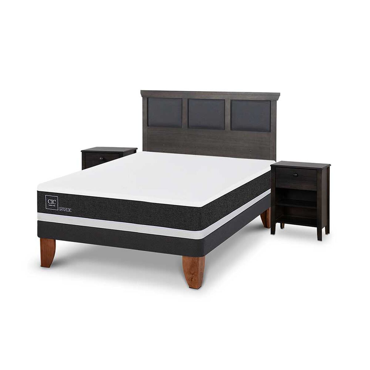Cama Europea CIC 2 Plazas Ortopedic + Respaldo + 2 Veladores Torino