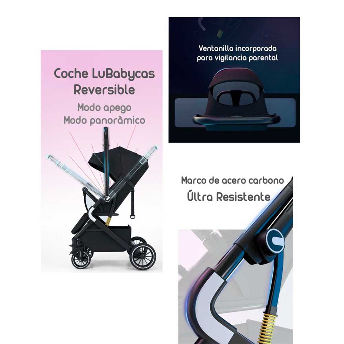 Coche de Paseo Reversible Premium Lubabycas Rosado