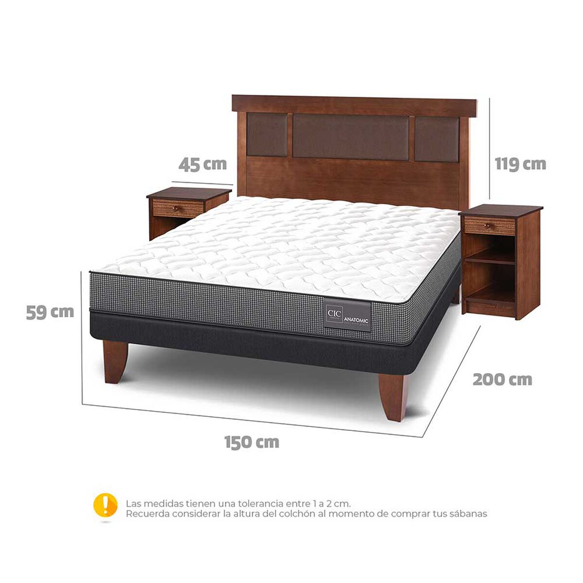 Cama Europea CIC 2 Plazas Anatomic + Respaldo + 2 Veladores New Dublin Caramelo