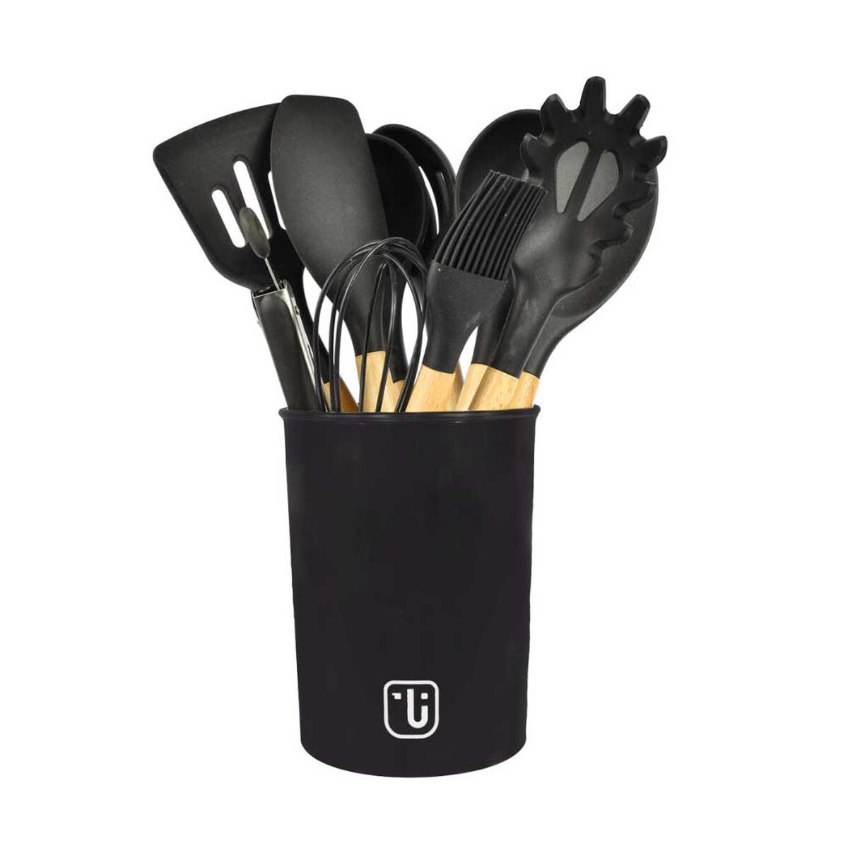 Batería de Cocina Simplit Antiadherente Acero Inoxidable 7 Piezas Dorado + Set 12 Utensilios Negro